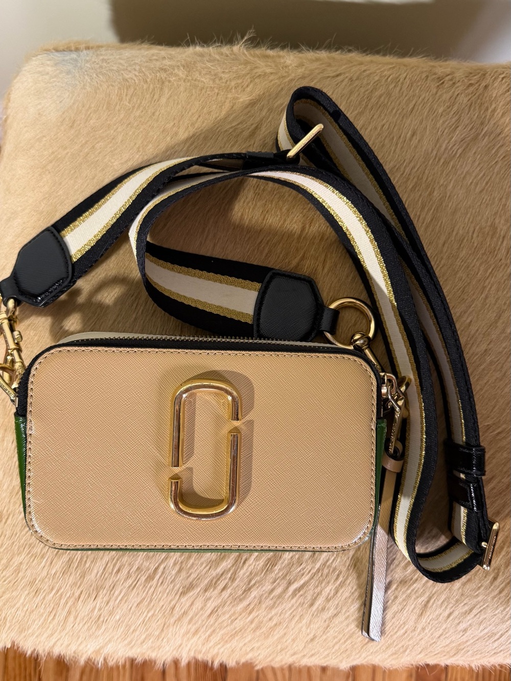 Marc Jacobs Tan Snapshot Leather Crossbody with Striped Strap